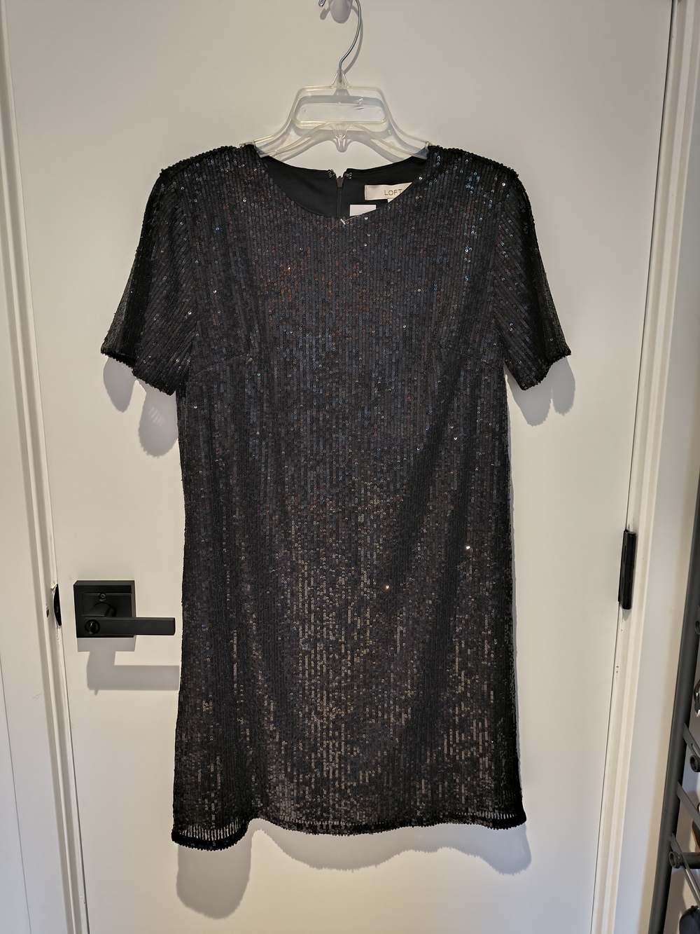 LOFT Black Sequin Short Sleeve Shift Dress